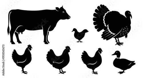 Farm Animals Silhouettes Set. Livestock and Poultry Black Icons Collection