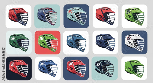 Collection of diverse lacrosse helmets in various colors and designs.