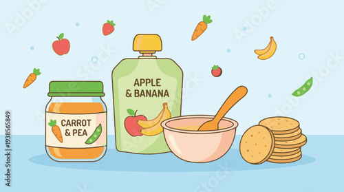 Healthy baby food illustration with purees, fruits, vegetables, and crackers