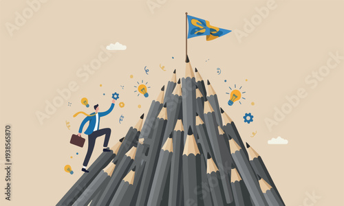 Creative challenge, motivation and inspiration to achieve target concept, young creative man climbing pencil mountain to reach winning flag at the peak.