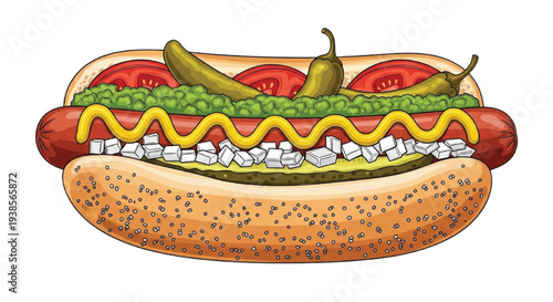 Delicious Hot Dog Sandwich with Mustard Pickles Tomato Onion and Relish