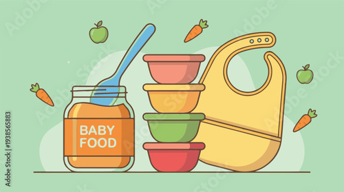 Baby Food Jar, Bib, Bowls, Spoon with Apples and Carrots Illustration