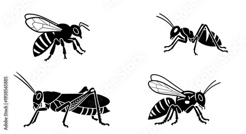 Insect Silhouettes Set: Bee, Ant, Grasshopper, and Wasp Icons