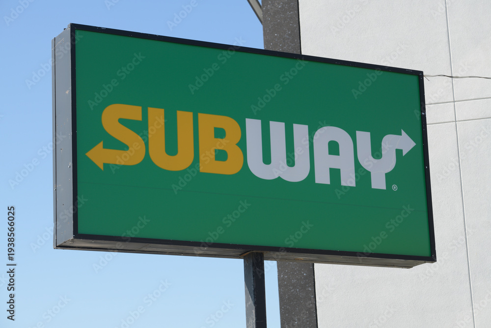 Naklejka premium roadside pylon sign near Subway, a sandwich shop chain, located here at 1880 O'Connor Dr, North York, Toronto