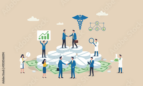 Merger or,meeting miniature businessman shaking hand standing on white tablet pills on US dollar banknotes, success in medical research deal