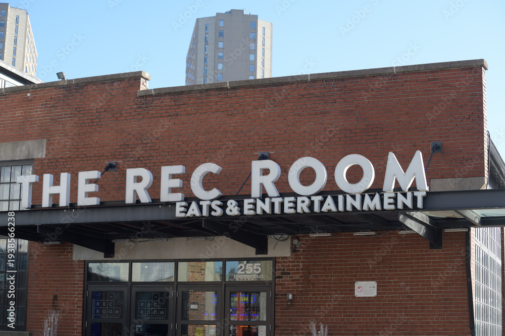 Obraz premium sign over entrance to The Rec Room Eats & Entertainment, located at 255 Bremner Blvd, Roundhouse Park, Toronto