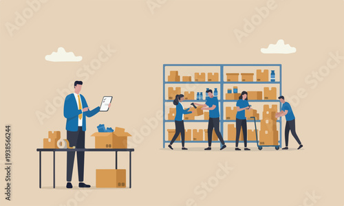 Checking inventory together The style of the illustration is modern, flat design with clean lines and minimal shading businessman entrepreneur starting business checking package before shipping