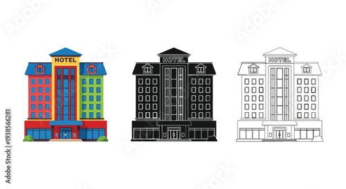 Colorful hotel building vector graphic illustration with outline and line art variations