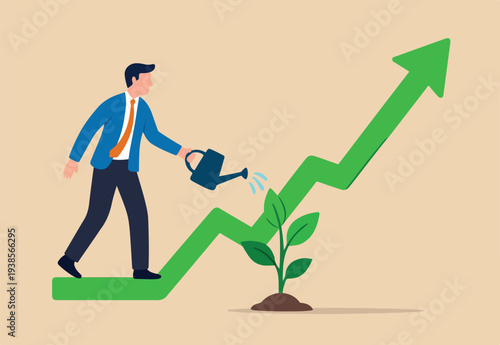 Grow business, growth or increase revenue income, personal development, growth mindset or investment profit, prosperity concept, businessman watering seedling plant with growing green growth arrow
