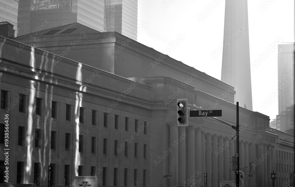 Fototapeta premium black and white view of Union Station from Bay St and Front St W, Toronto