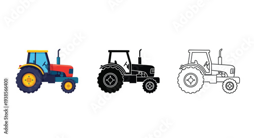 Vector graphic illustration of tractor in various stages from colored to outline design