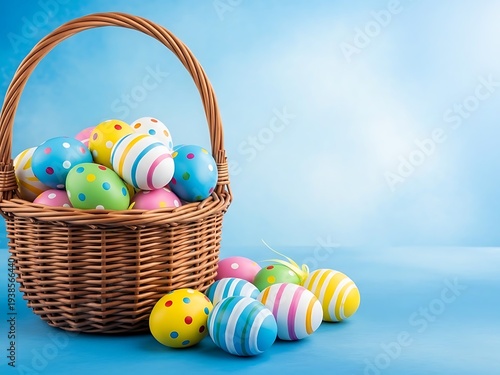 Easter basket filled with colorful decorated eggs on blue background