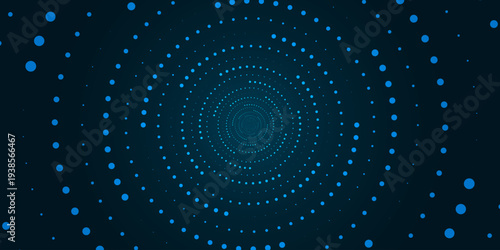 Digital circles of blue glowing dots. Big Data visualization into cyberspace. Network Information Decay. Futuristic modern background. Vector illustration.