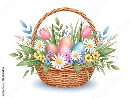 Easter basket with colorful eggs and flowers springtime holiday decoration