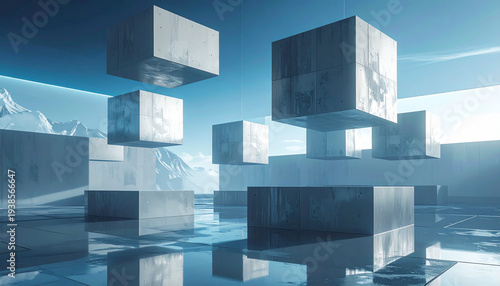 Abstract floating cubes in a modern setting with reflective surface