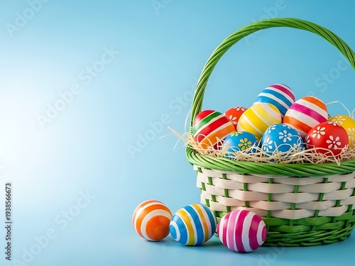 Vibrant easter basket filled with colorful eggs on pastel blue background