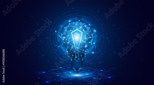 Creative light bulb technology. Innovation of electric light bulbs or future energy. Global internet connection concept for business.