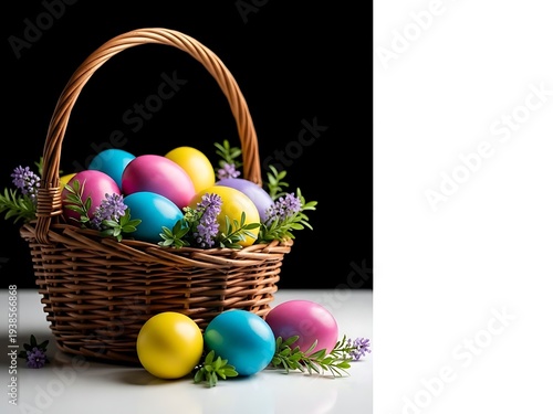 Vibrant easter basket filled with colorful eggs and fresh flowers on white surface
