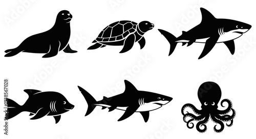 Marine Animals Silhouettes Collection: Sea Lion, Turtle, Sharks, Fish, and Octopus Icons