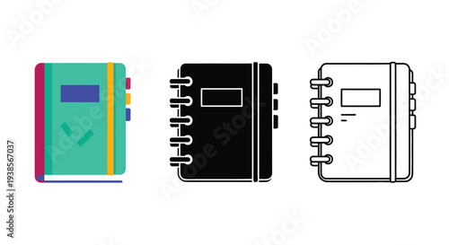 Collection of three notebooks with different designs and bindings in vector graphic style