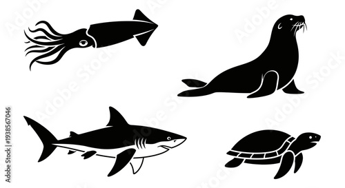 Marine Animals Silhouettes Set - Squid, Seal, Shark, and Turtle Vector Icons