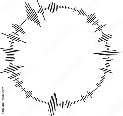 Vector circular sound wave pattern. Radial audio waveform illustration. Round equalizer with peaks.