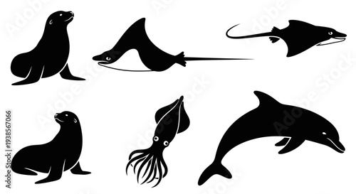 Marine Animals Silhouettes Set: Dolphin, Seals, Manta Rays, and Squid