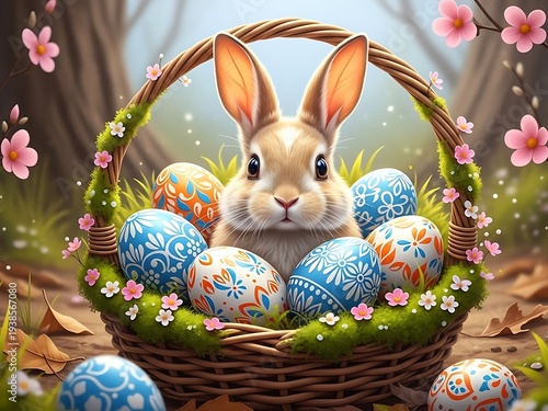 Easter basket with bunny and colorful eggs in spring garden