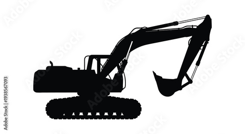 A stark black silhouette depicts a powerful construction excavator highlighting its mechanical form and heavy duty function silhouette high quality