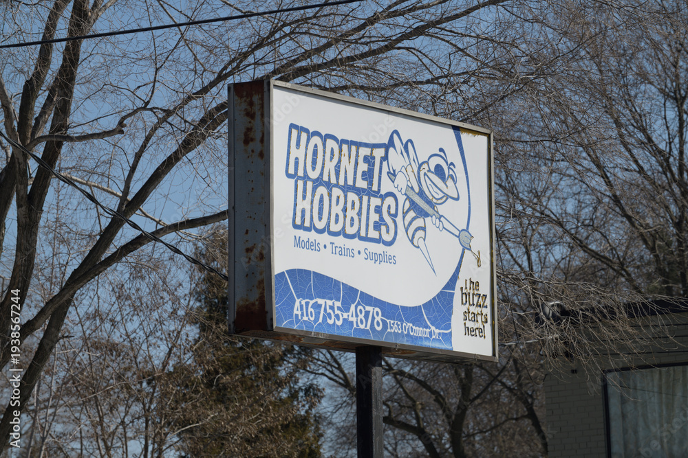 Naklejka premium roadside pylon ghost sign of Hornet Hobbies Inc once at 1563 O'Connor Dr, East York, Toronto