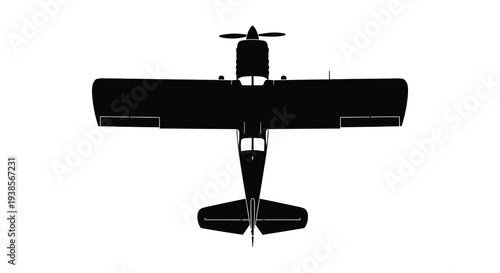 A stark black silhouette of a vintage single engine airplane viewed directly from above capturing its form silhouette high quality