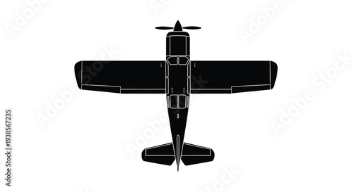 A stark black silhouette of a single engine propeller airplane viewed from directly above showcasing its design silhouette high quality