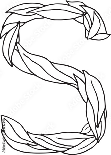 EPS Doodle style letter S drawn with tea leaves. Hand drawn black line art, simple sketch, raw tea leaves arranged in shape of s, organic texture, white background