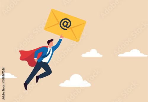  Email communication, marketing campaign from subscription, sending message or information concept, businessman superhero carrying big email envelope flying to recipient address.