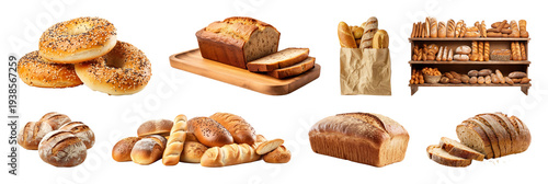 PNG Assorted fresh bread varieties displayed on transparent background