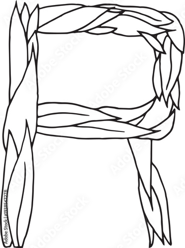 Eps Doodle style letter R drawn with tea leaves. Hand drawn black line art, simple sketch, raw tea leaves arranged in shape of r, organic texture, white background