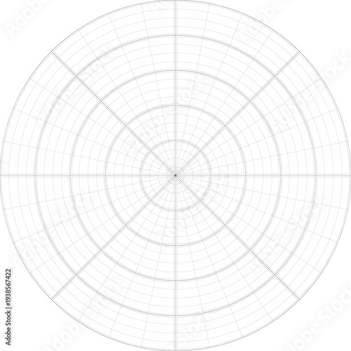 Black line radial dense grid texture with cells on white background. FUI science round grid backdrop. Math or technological notebook blank circular sheet.
