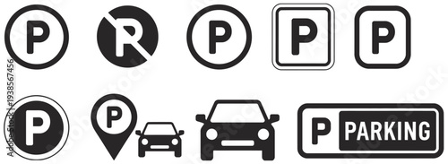 Parking interface icon collection including parking letter P symbol, car parking marker, no parking restriction sign, and navigation map pin parking zone vector