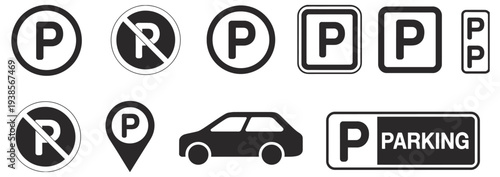 Parking icon set vector signs, P symbol parking marker, car parking and no parking sign, map pin parking location, and transportation facility