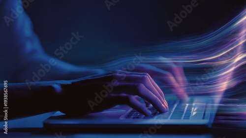 Person types on laptop with streaks of neon light flowing from screen