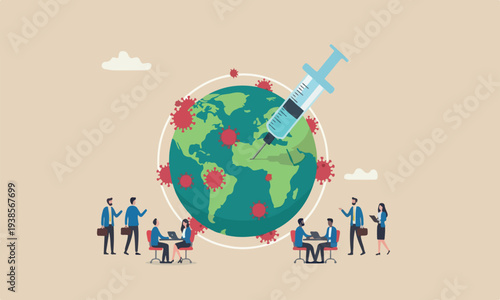Coronavirus vaccin teams together on green sickness planet earth with red Coronavirus COVID-19 pathogen around