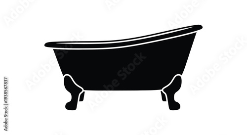 A stark black silhouette of a classic clawfoot bathtub stands isolated on a plain white background silhouette high quality