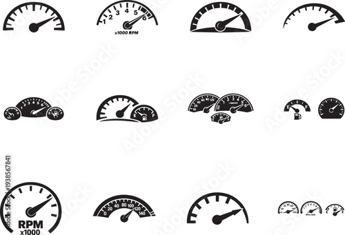 Speedometer gauge vector icon set with car dashboard meters for speed, fuel, RPM and tachometer display.
