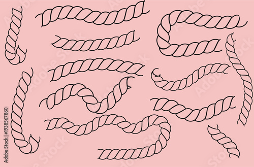 Nautical twisted rope elements set with curved and straight marine rope lines for maritime decorative design