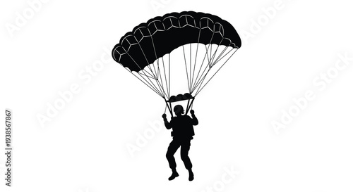 A stark black silhouette depicts a skydiver gracefully descending with an open parachute showcasing aerial freedom silhouette high quality
