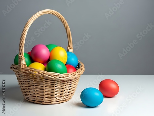 Vibrant easter basket filled with colorful eggs on white surface