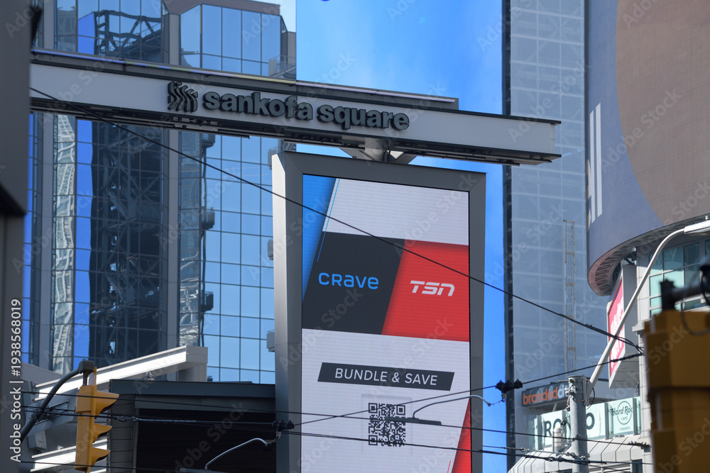 Obraz premium CRAVE/TSN entertainment streaming services digital advertisment at Sankofa Square, Toronto