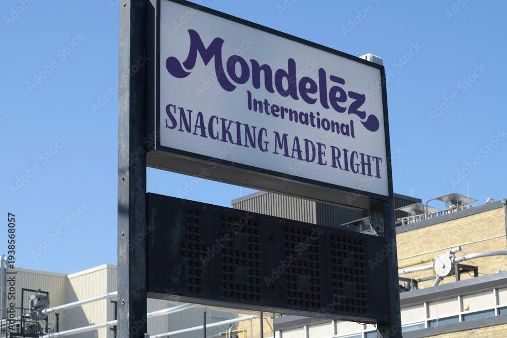 Fototapeta premium roadside pylon sign at Mondelēz Canada Inc, a manufacturer, at 5 Bermondsey Rd, near O'Connor Dr, East York, Toronto