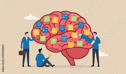  Idea memo, brainstorm or scrum sticky notes, productive plan, memory task reminder, arrangement, thought team meeting concept, businessman sticky human red brain