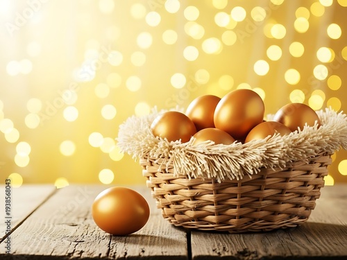 Easter basket filled with golden eggs on wooden table with bokeh background